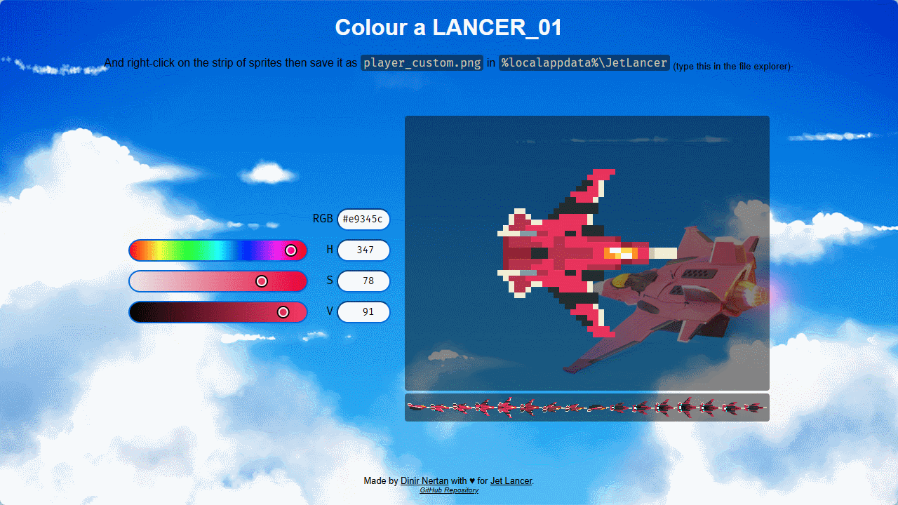 There are 3 sliders, 4 text inputs, a big display of a single sprite from a sprite split made of an airplane drawn in various angle, and the sprite split below the display. The sprite turns up or down, then the sliders accept user input to change the default color to a different color. 4 text inputs are for the hex code, hue, saturation, and value. The inputs change their containing value to reflect the slider positions. After adjusting, the big display shows the sprites now in different color.